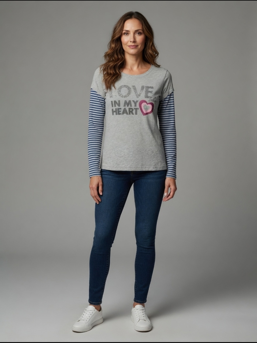 Striped Sleeve 'Love in My Heart' Long Sleeve Tee - Gray